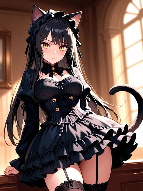 8k,masterpiece, best quality, ultra detailed, high resolution, super fine illustration, 1girl, solo,yellow eyes, black hair, long hair,cat ears, cat tail, medium breasts, gothic lolita fashion outfit, frilled skirt, thighhighs,looking at viewer,