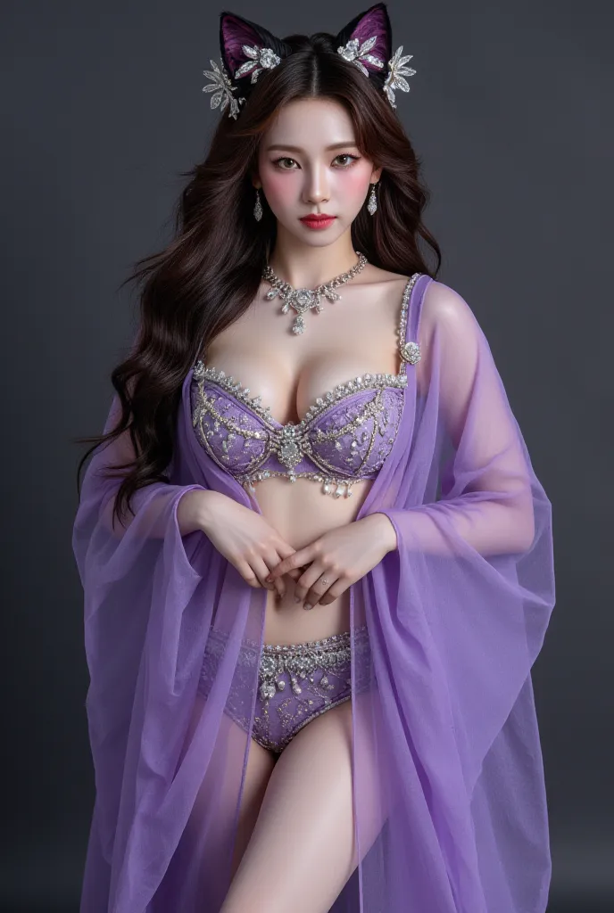  Nine Tails fox fariy prostitute ,Hyper Realistic, curvy women 40 D chest size, , violet leather glitter lingerie, She is a  Mysterious Nine Tails ,  Chinese woman, woman's face, beautiful, brown eyes, Seductive beauty Shine Fabric visible body stockings c...