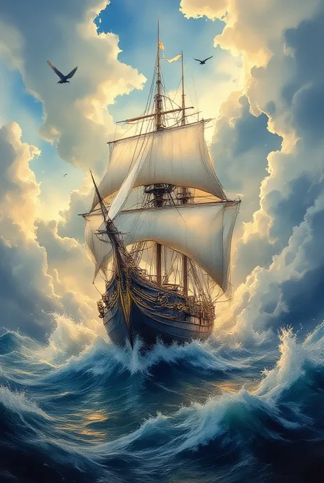 willem Haenraets style painting of a ship in a storm of waves with a bird flying above, surrealistic digital artwork, 4k highly detailed digital art, sailing ship, breathtaking digital art, intricate oil painting artwork, elaborate digital art, inspired by...