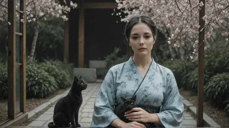 Japanese woman and blue-eyed black cat