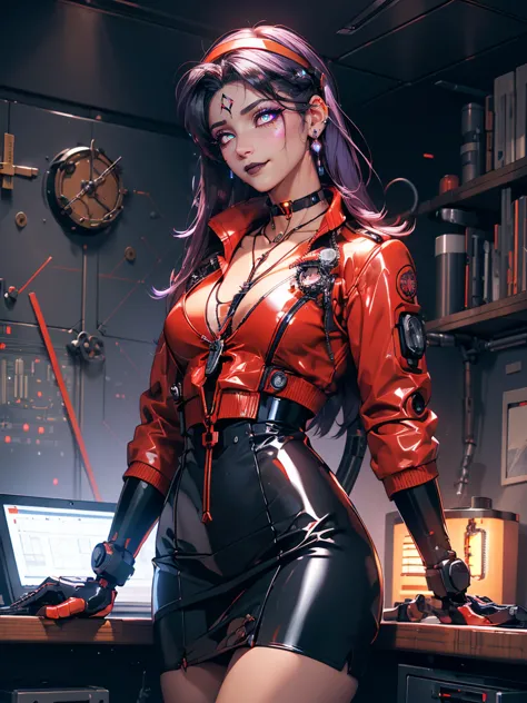 Evangelion Operation Command Room, Katsuragi Misato, Commander Sex Android, (Evangelion Commander's Uniform,  black latex bodysuit, pencil skirt, red crap trap jacket, Micro Miniskirt,  thighs, ((mechanical cyber headband, mechanical cyber choker, mechanic...