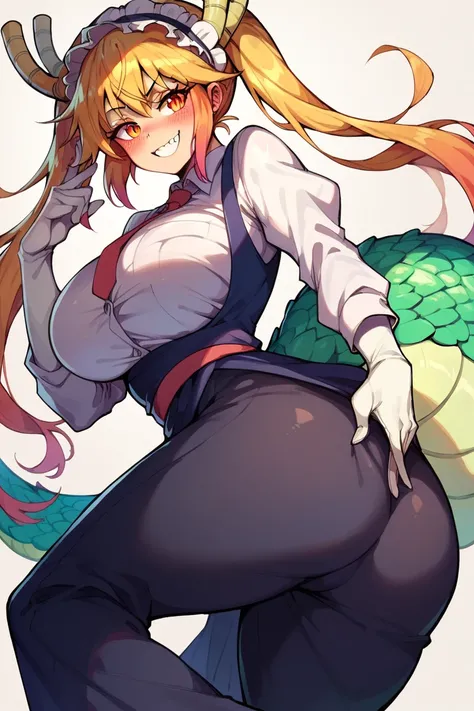 Tohru (Dragon Maid), Big breasts,  FORMAL SUIT, voluptuous body, curvy body, large butt,  mischievous smile, blushing.