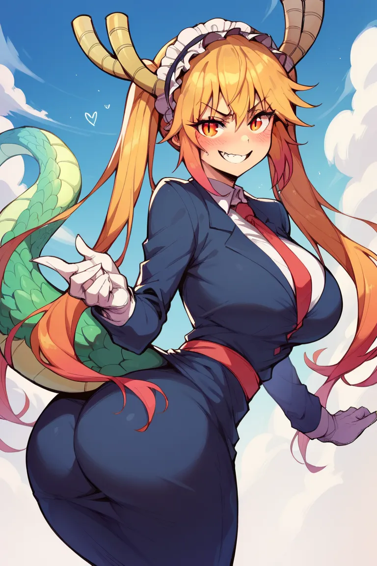 Tohru (Dragon Maid), Big breasts,  FORMAL SUIT, voluptuous body, curvy body, large butt,  mischievous smile, blushing.