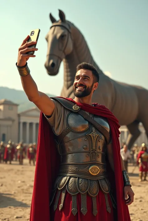 An image of a Roman soldier taking a selfie with the Trojan horse LET IT BE A SELFIE