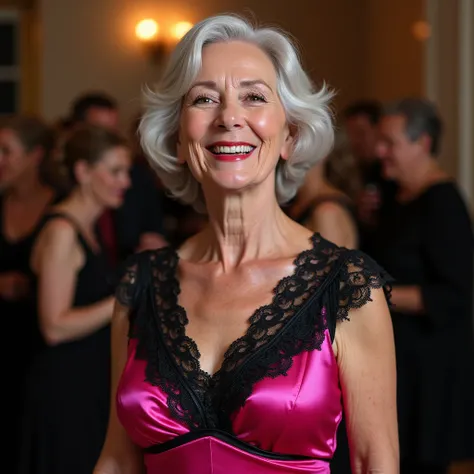 full-length picture,
elderly woman,
she smiling broadly,
posing standing,
facing the camera,
her gaze is direct,
she is looking directly at the viewer,
she has an opulent chest,
she is light-skinned,
Her hair is very light gray,
Her hair is styled in a sli...