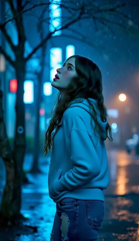 A full body shot of a beautiful girl with dark wavy hairstyle, ((very pale skin)), looking up at the sky, dressed in pure white hoodie and light blue torn skinny jeans, quiet empty city street, raining, umbrella, cinematic shot, cinematic composition, port...