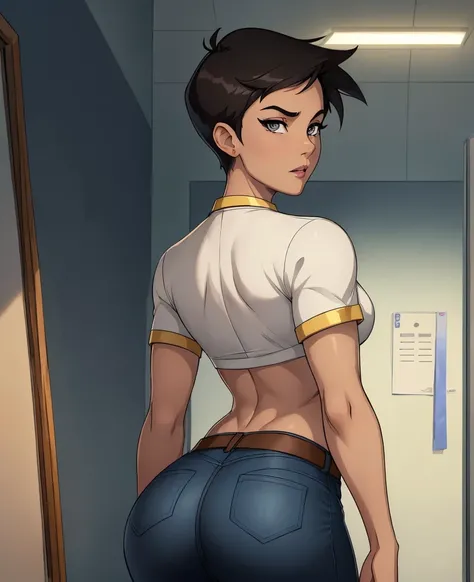 ((ultra quality)), ((masterpiece)), Lois Lane, short stature, ((black short hair tomboy hairstyle)), (Beautiful face), (beautiful female lips), (), charming, ((sexy facial expression)), looks at the camera, eyes slightly open, (light skin color), (light sk...