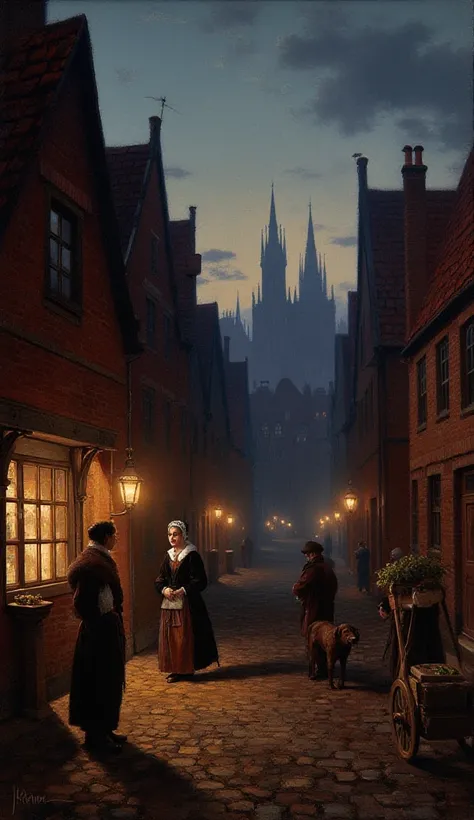 17th-century Dutch Golden Age-style oil painting, highly detailed and realistic. A historic European town stretches along a cobblestone street at dusk. Small wooden-shuttered shops and red-brick houses glow faintly under the soft light of street lanterns. ...