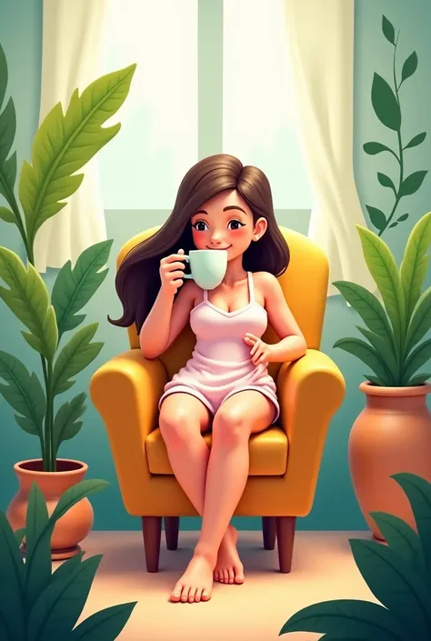 Cartoon in short pajamas and strappy blouse sitting in a place with a chair drinking coffee and a leafy plant 