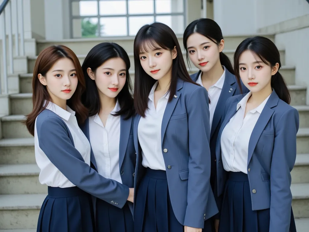 Kpop korean five girls, looking at camera, photografh at school stairs, wearing school korean uniform