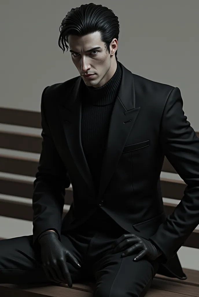 Handsome man, sitting on a bench, Man, neatly arranged black hair, sharp dark gray eyes, pale skin with sharp lines, a small wound on the left temple, cold face, black suit,Balck panst, black gloves