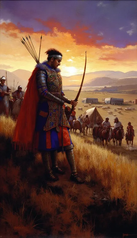 A historical 13th-century Turkic-Mongol-style oil painting set in the vast Central Asian steppes of the Middle Ages. Among the scattered nomadic yurts, mounted warriors prepare for a traditional archery contest. In the foreground, a proud Turkic warrior, c...