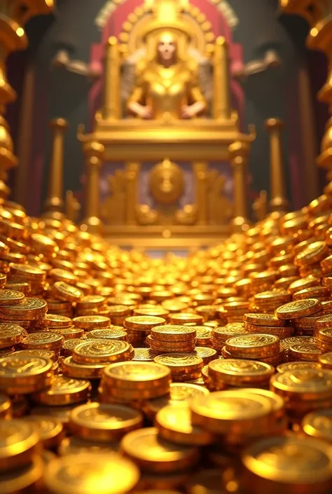 Create realistic image of islands of gold coins in the foreground and in the background a large treasure with pieces and crowns, necklaces etc. All in bright and intense colors