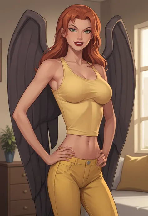 safe_pos, PonyXLV6_Scores BREAK ((retro artstyle, parody)), perfect anatomy, cowboy shot) shayera hol, wings, long hair, green eyes, ((looking at viewer)), superhero, yellow racerback tank top, yellow jeans, yellow bomber jacket, curvy, athletic, large bre...