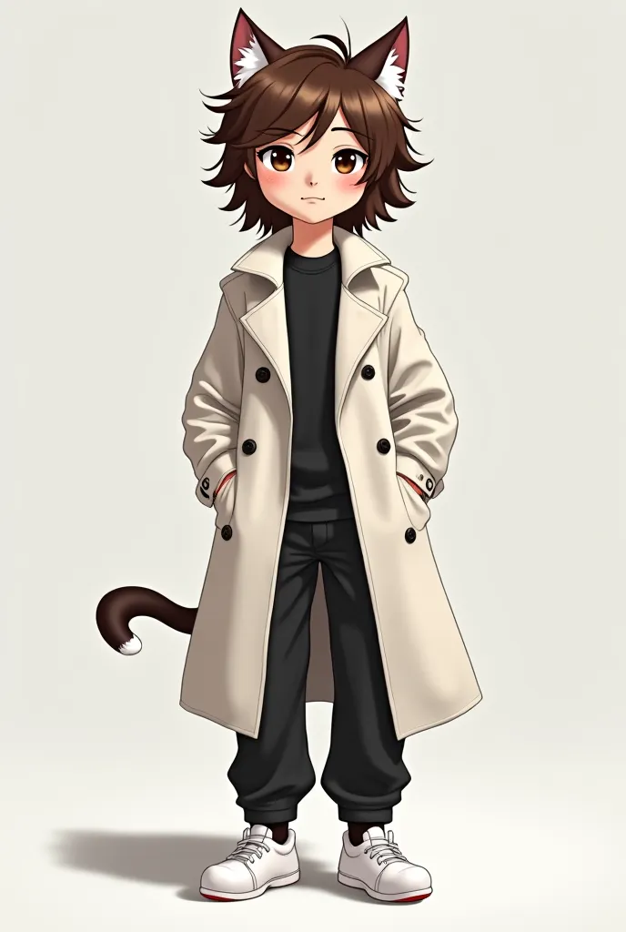 Make me an image of a boy with medium long brown hair with white bottom tips,  white trench coat, black shirt under the trench coat, black pants, white shoes and white cat ears and tail from the Norwegian forest. Do it like a 23-year-old man