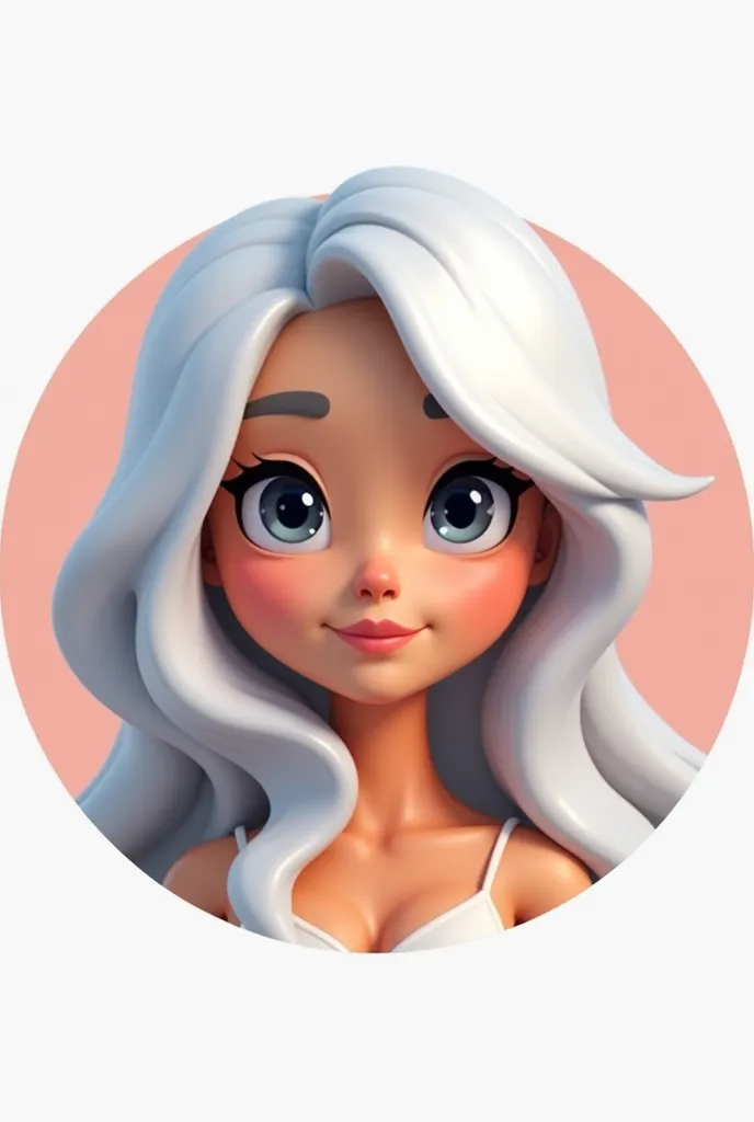 Create a round icon of a female Roblox character with white hair and slightly bluish eyes and slightly lighter than brown skin