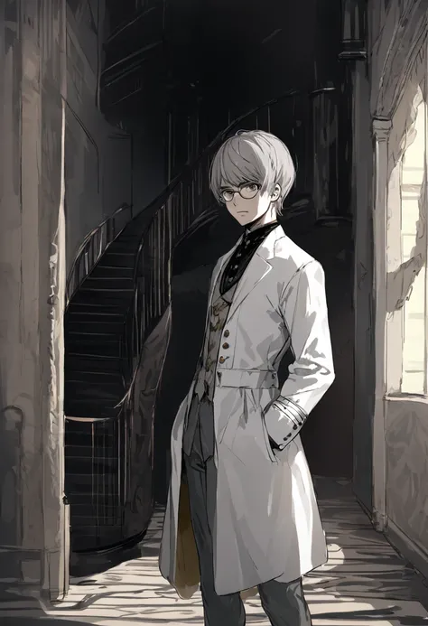 1boy, tall man, short light grey hair, glasses, black shirt, short stubble, grey trousers, white jacket, serious, Victorian era, novel style, look at viewer, hallway of mansion is background, semi-darkness, spiral staircase is background, grey eyes, Hands ...