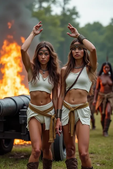 Two beautiful brown-haired warrior women, wearing  white leotards, gold belt, boots, tricorner hat, blue eyes, looking scared, arms raised to give up, in a clearing, standing near a burning American revolutionary war era cannon, in the distance two dark-sk...