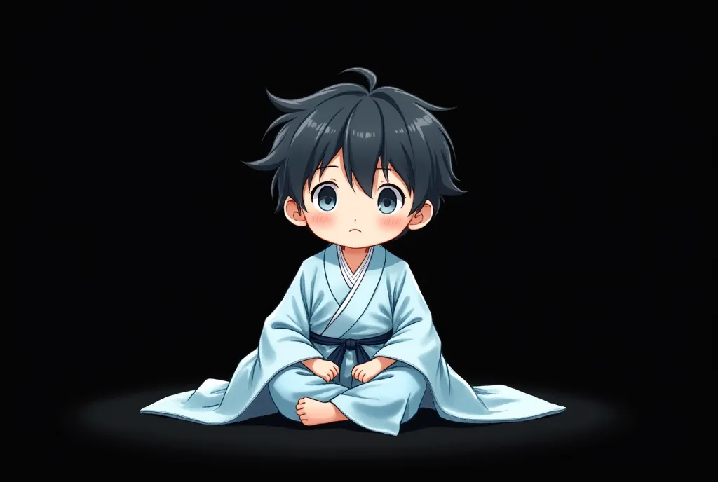 black background、chibi character style、full body、is sitting、black shorthair adult man、 white eyes、 light blue kimono、Watercolor anime style illustration