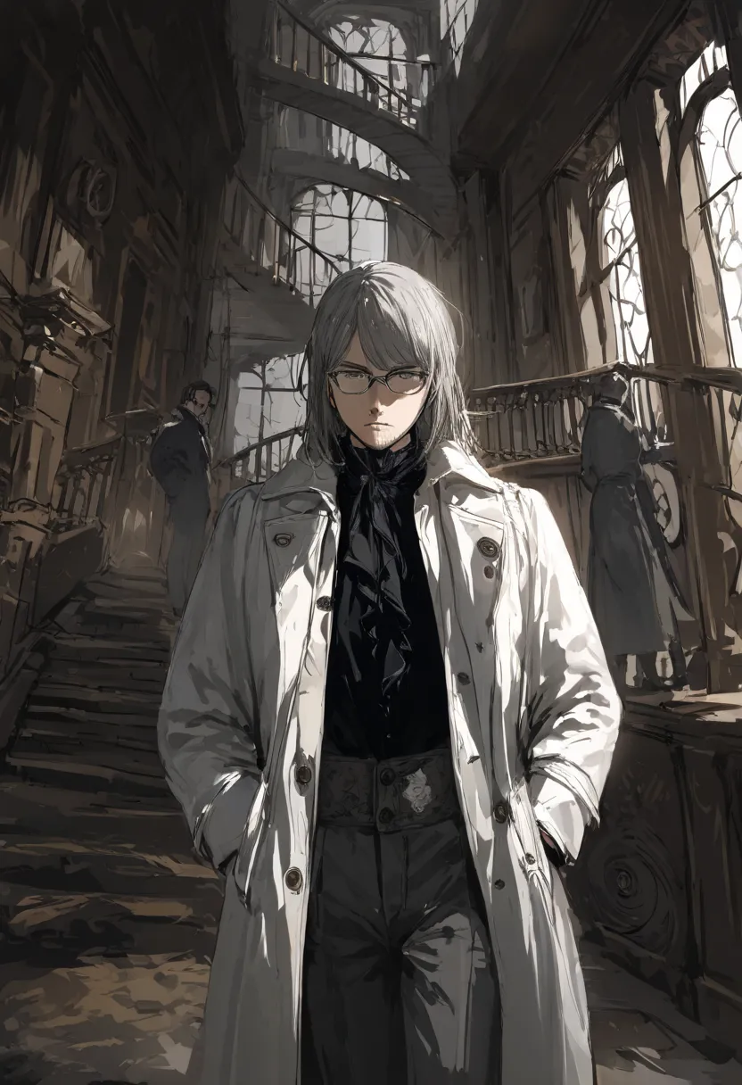 1boy, tall man, short light grey hair, glasses, black shirt, short stubble, grey trousers, white jacket, serious, Victorian era, novel style, look at viewer, hallway of mansion is background, semi-darkness, spiral staircase is background, grey eyes, Hands ...