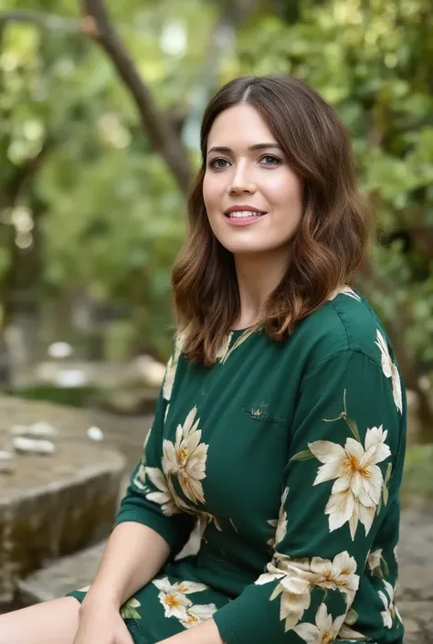 best quality, highres, 8k, masterpiece, photography, detailed midbody photorealistic portrait. Mandy Moore wears a green yukata featuring hand-painted lotus motifs, symbolizing purity and spiritual growth. The fabric is light and comfortable, with subtle g...