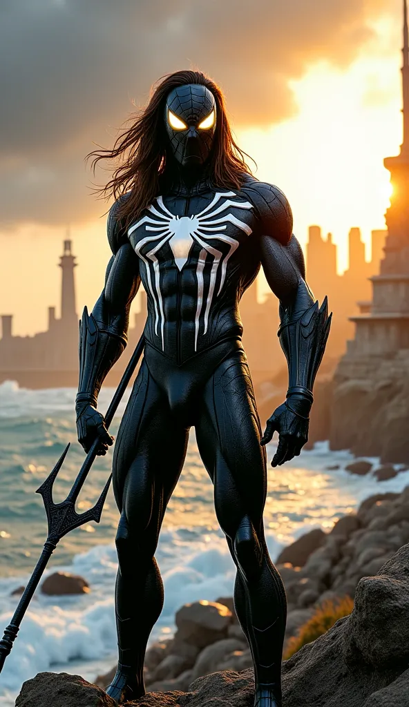 A hybrid creature, combining Aquaman and Spider-Man in the black suit, standing in a dramatic coastal cityscape, the creature has Aquaman's muscular build and long, flowing hair, but with the sleek, black symbiote suit covering its body, the suit features ...