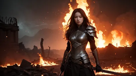 "A 26-year-old Korean female warrior, wearing armor with a strong and determined expression. The armor combines traditional Korean elements with modern fantasy designs, featuring intricate details and decorations. Her hair flows in the wind, and her face b...