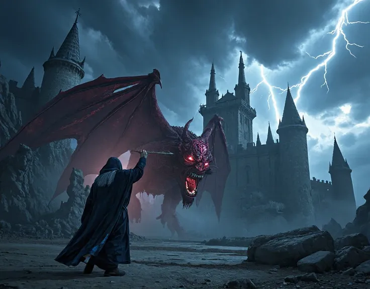 wizard, demon, epic fantasy battle, powerful wizard casting spell, demonic entity, dark fantasy landscape, gloomy castle ruins, ominous storm clouds, lightning crackles, moody dramatic lighting, cinematic composition, 4k, hyper detailed, concept art style,...