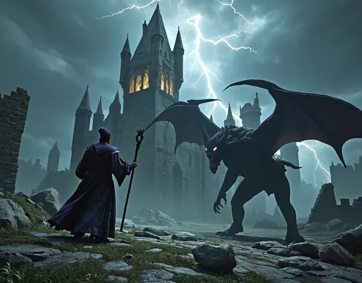 wizard, demon, epic fantasy battle, powerful wizard casting spell, demonic entity, dark fantasy landscape, gloomy castle ruins, ominous storm clouds, lightning crackles, moody dramatic lighting, cinematic composition, 4k, hyper detailed, concept art style,...