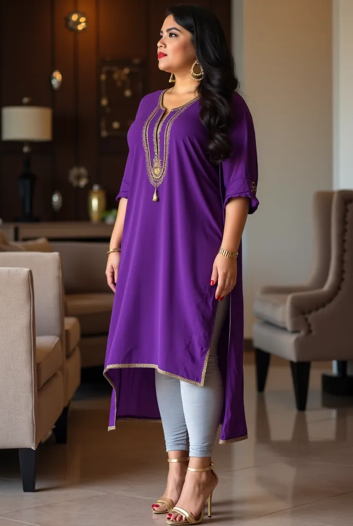 I am 40 year old plus size tall and big giant indian muslim women, looking like indian actress hansika motwani, wearing a purple short hand full length side slit open tight kurti ,and light short length capri leggings ,golden nose rings,nose stud, anklet,h...