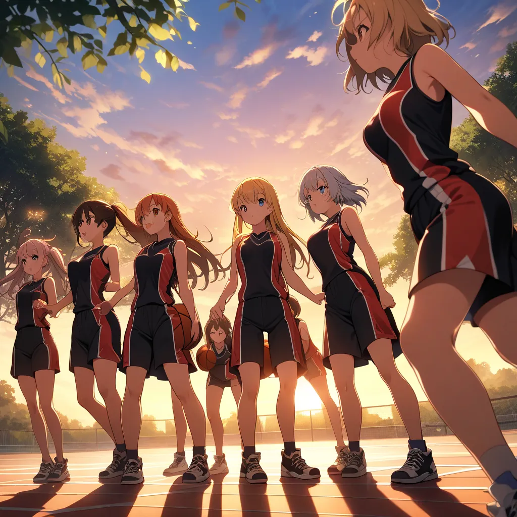 Beautiful anime girls playing basketball, medium breasts,  tight uniform .