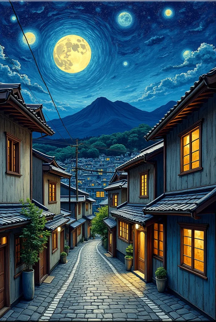 Tile Art Van Gogh Style Old Townscape Takagi Night View Moon