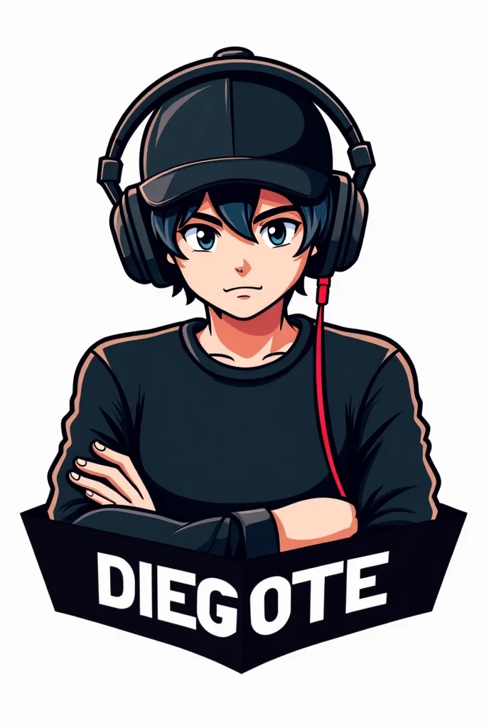 Create me a logo of a black-haired gamer boy, with black hat and headphones, black long sleeve t-shirt and a banner that says Diegote_FF