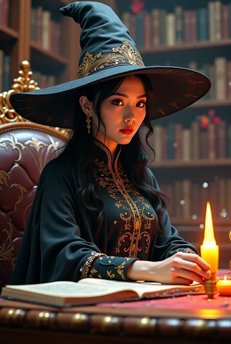 beautiful asian woman, headmistress of magical school, witch hat, mage robes, in magical office, sitting at desk, close up