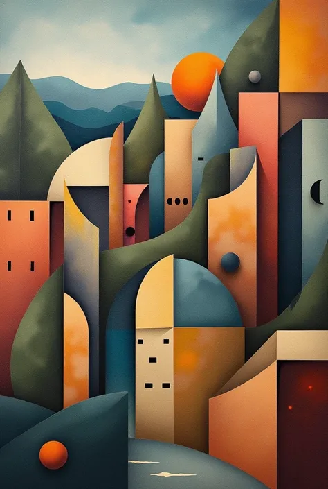 Create a unique [digital, oil on canvas, watercolor, etc.] cubist art painting depicting [objects, people, landscapes, etc.] in an abstract geometric style made of [details like overlapping planes and shapes in muted colors] reminiscent of works by [Picass...