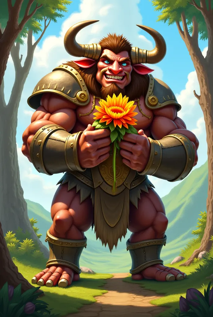 Tauren warrior from the game called "world of warcraft" giving flower smiling