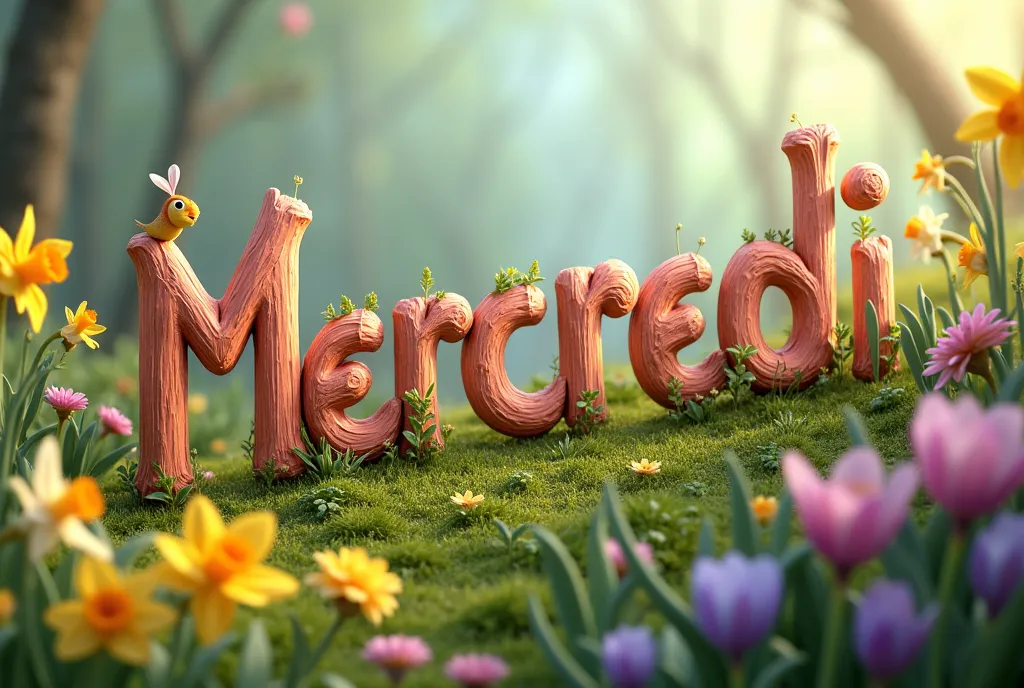 Create a poster with letter-by-letter writing "MERCREDI " en français dans un style Disney 4d. Thème JONQUILLES, violette, primevère 