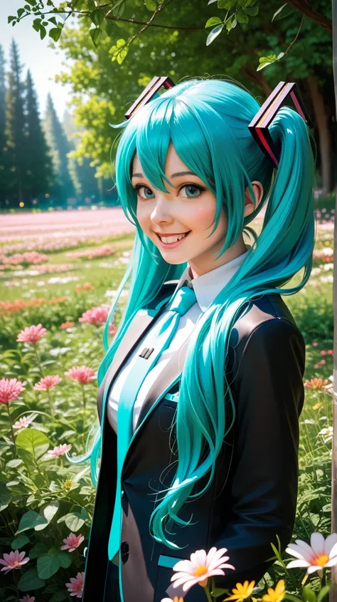 best image quality,4K,8k,realistic,Photo realistic,Professional,extreme detail,Vivid Color, bokeh effect , Hatsune Miku, happy expression ,cute, charming,grace,beautiful,Posing,colorful, bright,nature,Lush greenery,Spring scenery, Compa,Flower Field, clear...