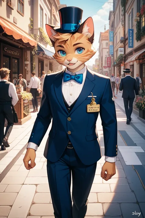 movie、The Cat Who Keeps Your Ear　A cute cat with Baron on three heads。Baron is a boy。Wearing a tuxedo, bow tie, and hat。２briskly walking。
