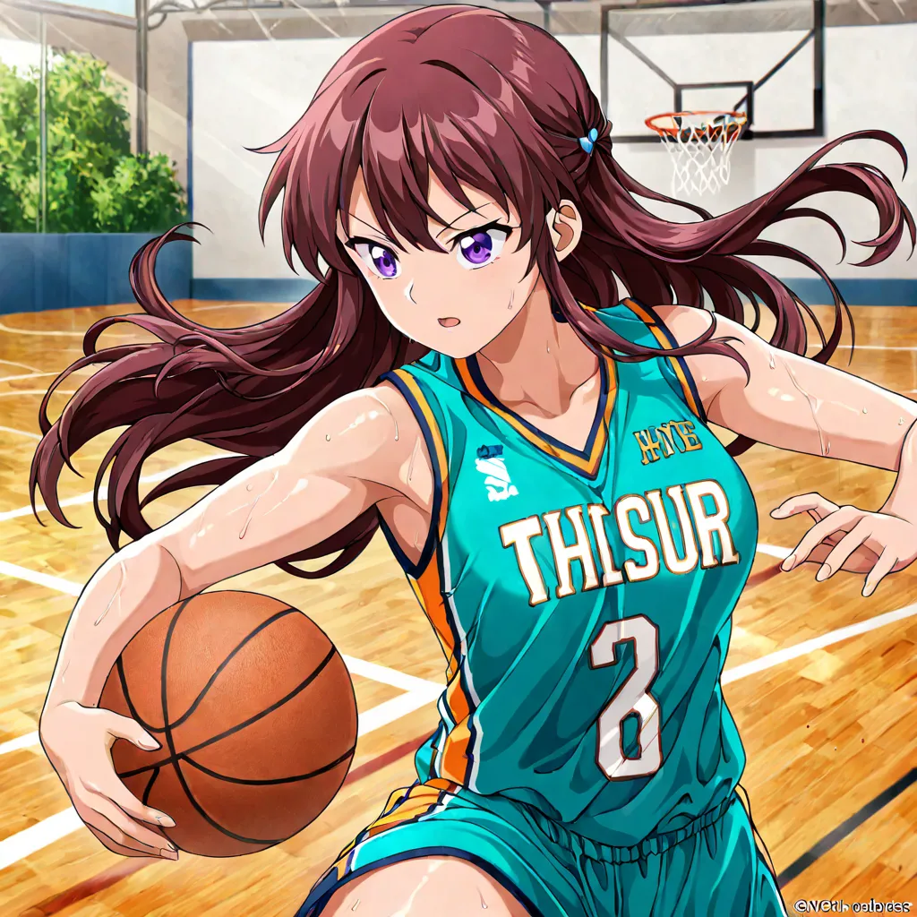 Two beautiful anime girls playing basketball, medium breasts,  tight uniform .