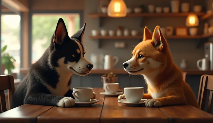 A dog and a humanoid-shaped cat are sitting at a bar table drinking coffee while having a friendly meeting. The environment is that of an old cafe and the images are hyper realistic, of high 8K quality..