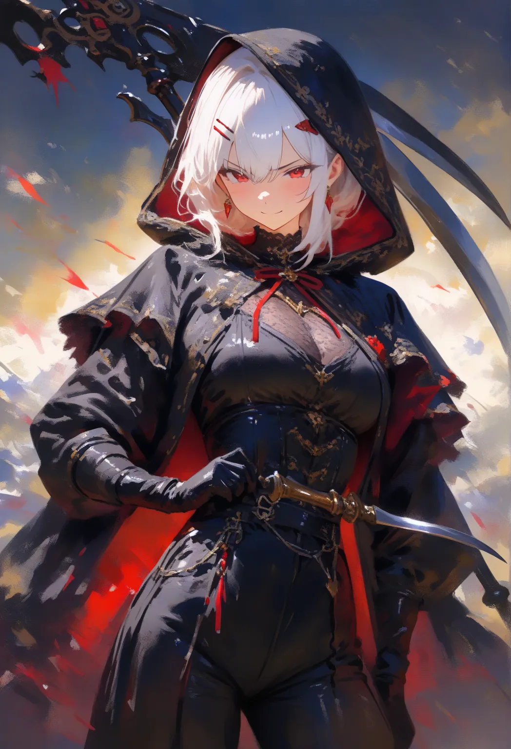 Black hood , Hood up ,Vampire , cool , (long-white-hair), (black-clothes), red hairpin, black gloves Red eyes, distinct line, 8k, wield knife, (Black Scythe), scowl at, return blood, dusky blood, Cowboy Shot, depth of field, Traditional Imitation Media, pa...