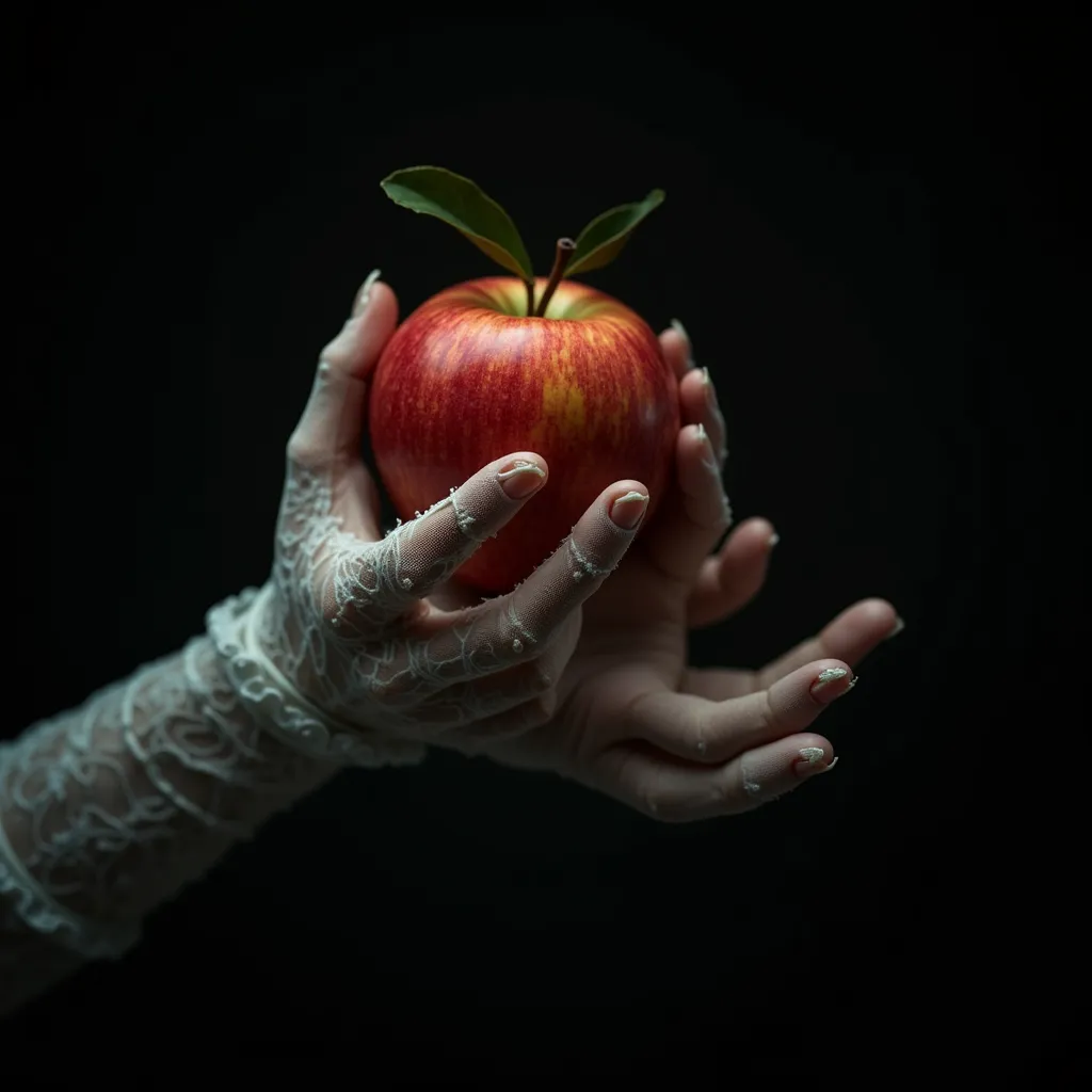 Make two arms holding an apple with a third wrapped around your hands while wearing long lace gloves,  with black background