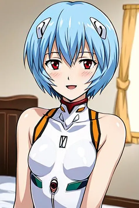 ((Highest quality)), ((masterpiece)), (be familiar with), perfect face, indoors, bedroom, watching viewers,
One woman, Rei Ayanami,
open mouth, ecstatic expression, blush, smile,
 small tits, flat chest, Young girl,  lori,  ,  girl,
Short Hair, short hair,...