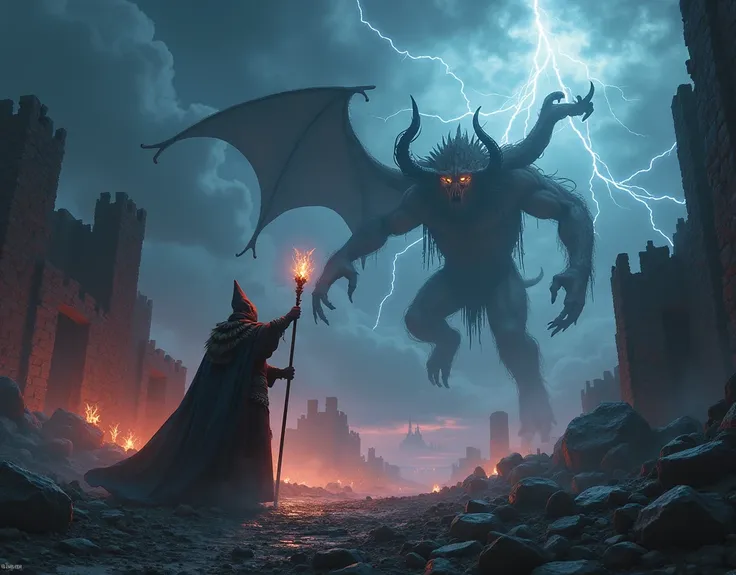 wizard, demon, epic fantasy battle, powerful wizard casting spell, demonic entity, dark fantasy landscape, gloomy castle ruins, ominous storm clouds, lightning crackles, moody dramatic lighting, cinematic composition, 4k, hyper detailed, concept art style,...