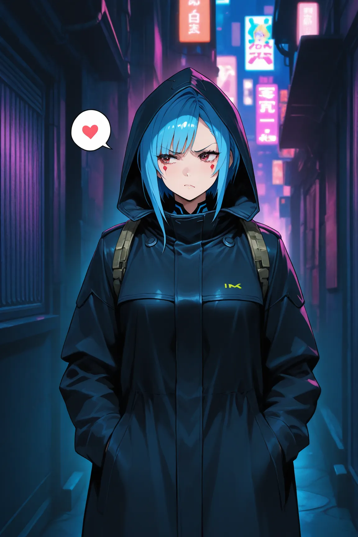  manga ,blue hair long,cool tsundere beauty,Night Alley,black coat,spoken heart ,sound effect,is tall, I smoke, and is wearing a hood,cyberpunk