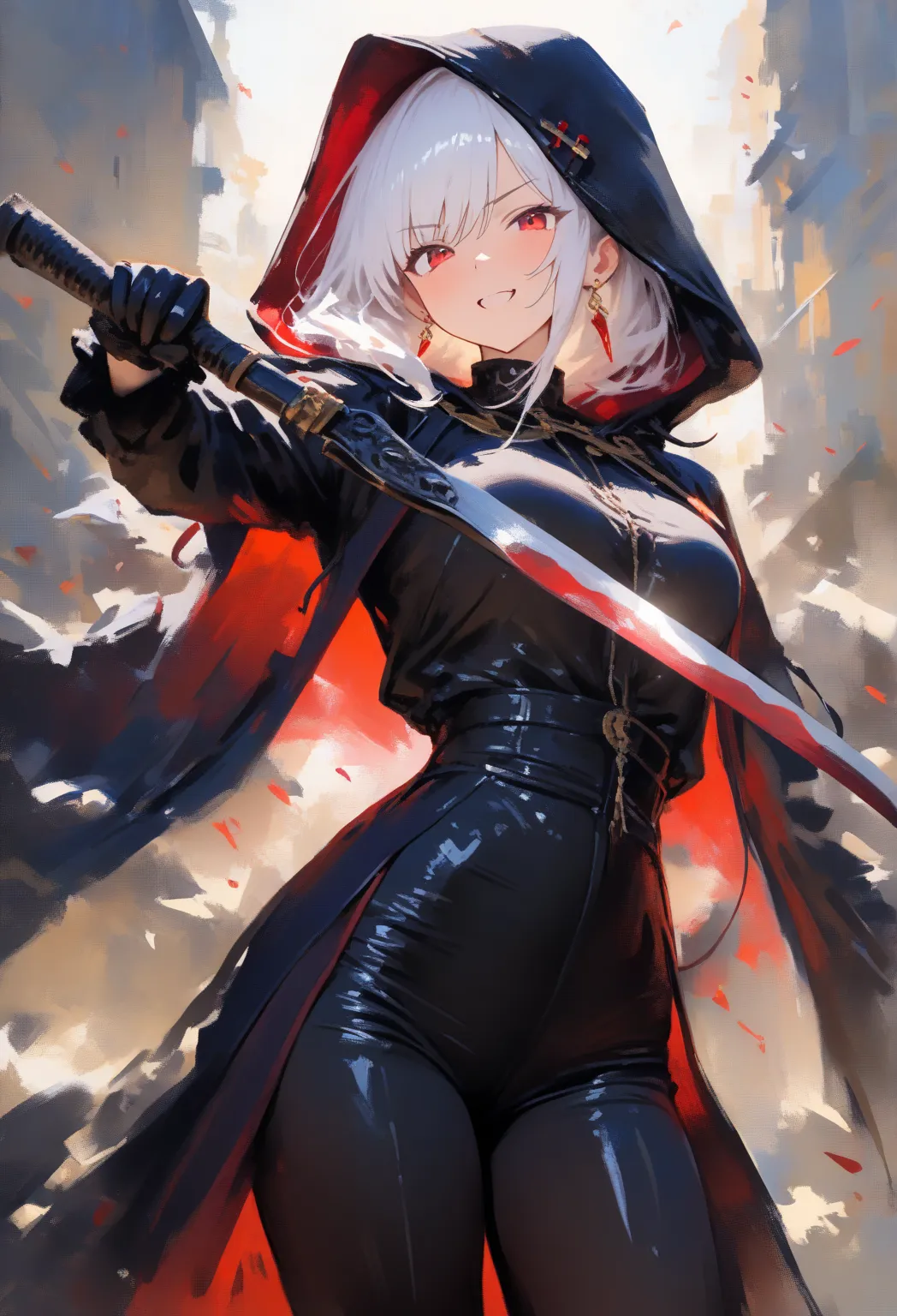 Black hood , Hood up ,Vampire , cool , (long-white-hair), (black-clothes), red hairpin, black gloves Red eyes, distinct line, 8k, wield knife, (Black Scythe), ( Black knife) , scowl at, return blood, dusky blood, Cowboy Shot, depth of field, Traditional Im...