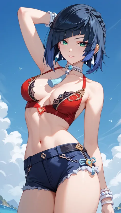 Yelan, Genshin impact, dark blue hair, medium breasts, short hair, no top, arms pressing her breasts, red micro shorts, sexy pose