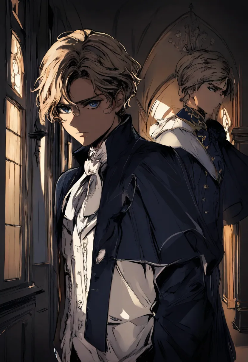 1boy, short hair, light brown hair. dark blue trousers, white shirt, dark blue jacket, blue eyes, serious, Victorian era, novel style, look at viewer, hallway of mansion is background, semi-darkness.