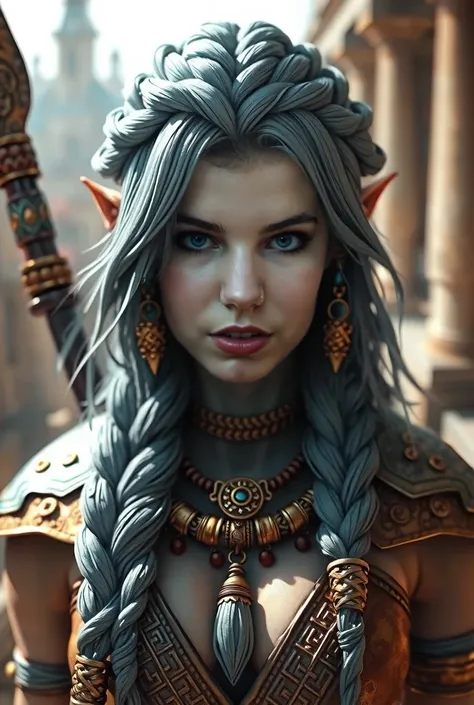 (ultra-detailed, hyper-realistic) portrait of a mysterious warrior woman with blue skin, blending fantasy and realism. Her face is adorned with elegant blue tribal markings, seamlessly integrated into her skin texture, with small glowing droplets near her ...